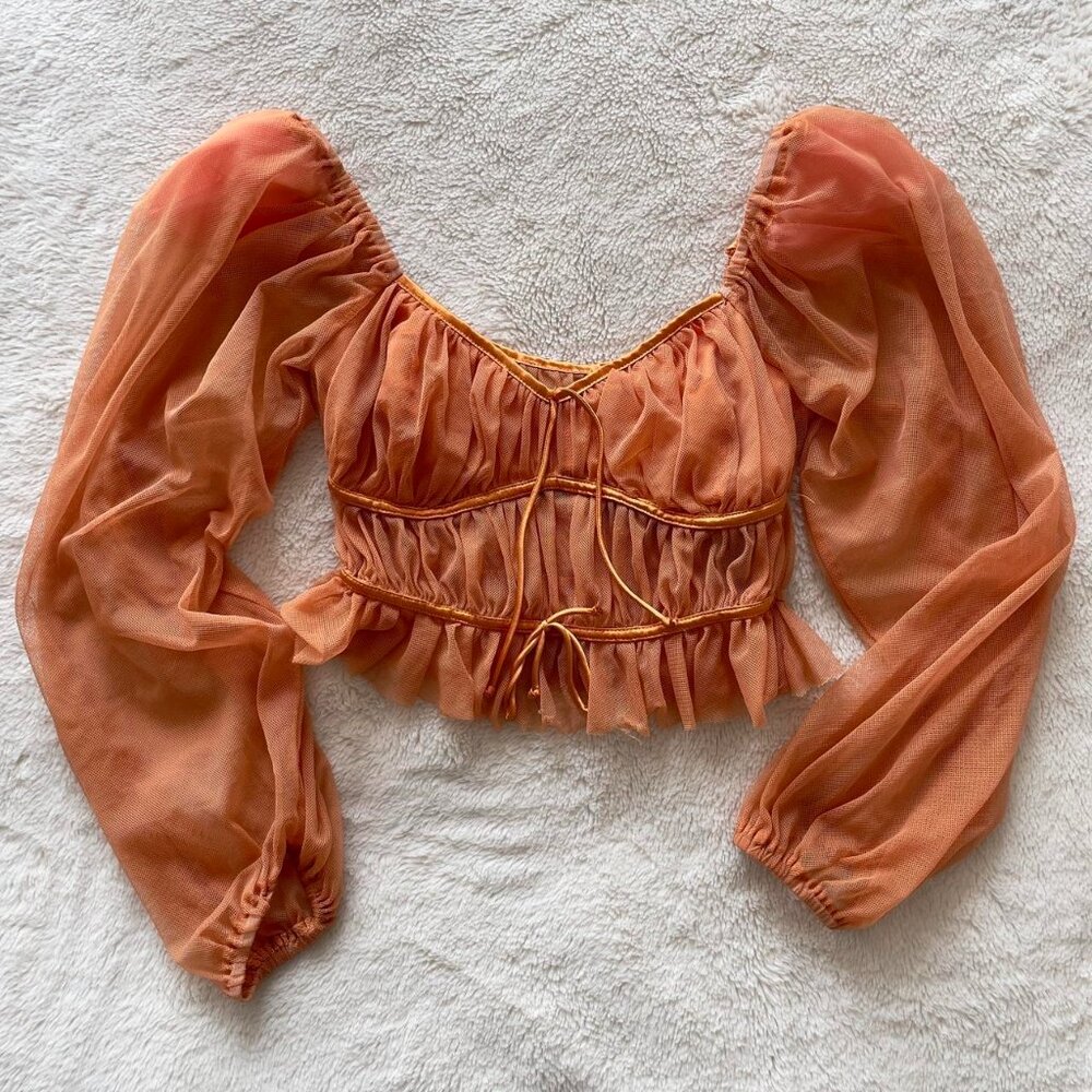 Orange Tulle Milkmaid Cottagecore Ruffle Long Sleeve Blouse Ruffle Trim | XS